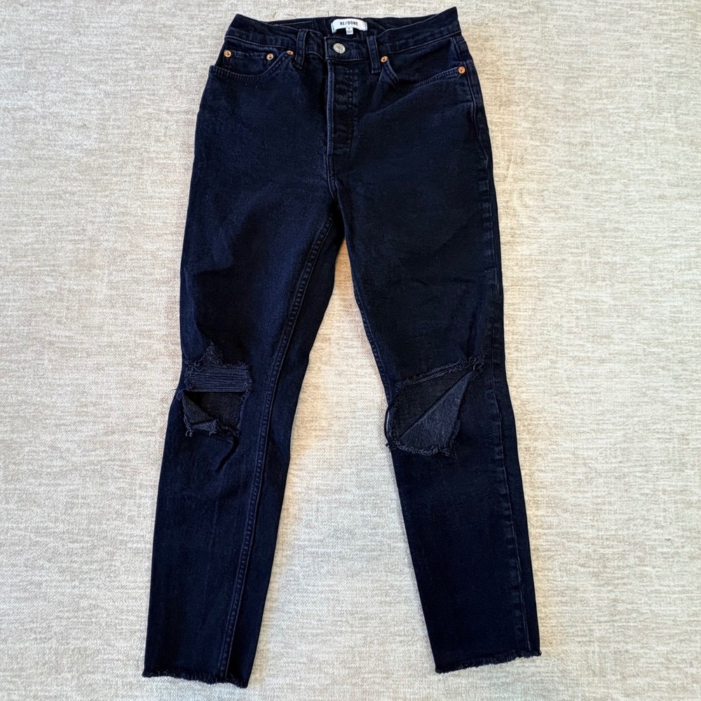 RE/DONE High Rise Ankle Crop Distressed‎ Jeans Black Wash Denim Size 29